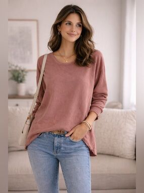 Ciel USA Rose Raw Hem Sweatshirt | Boho Chic Slouchy Pullover
